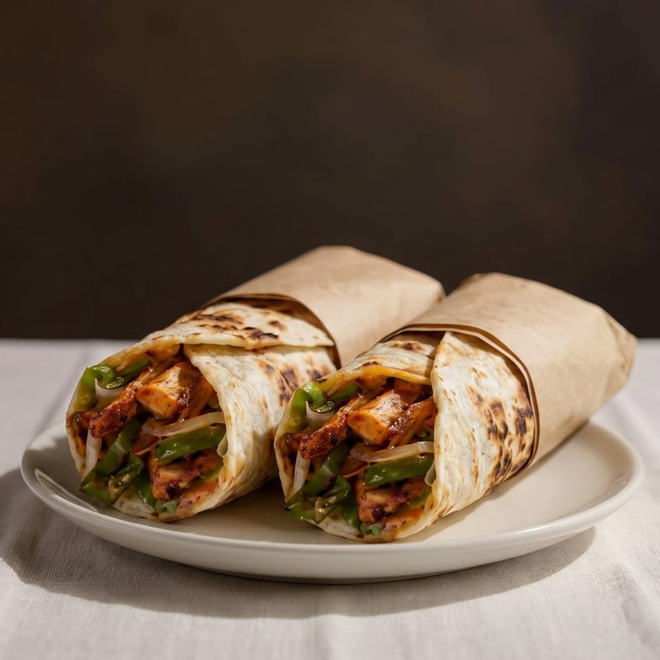 Two chicken and vegetable wraps, partially unwrapped, on a white plate with a dark background.