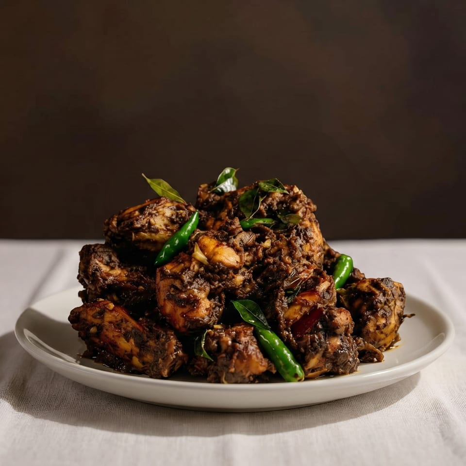 Dark, rich chicken curry with green chilies and curry leaves on a white plate.