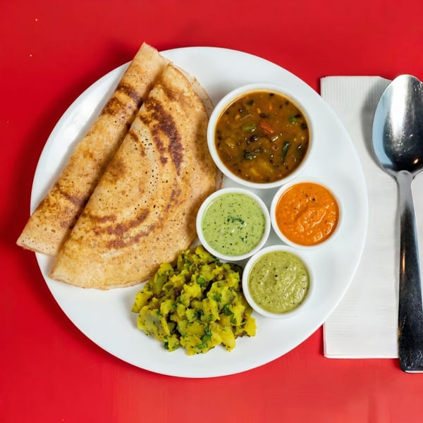 Two golden-brown dosas, potato masala, sambar, and three chutneys on a white plate with a spoon.