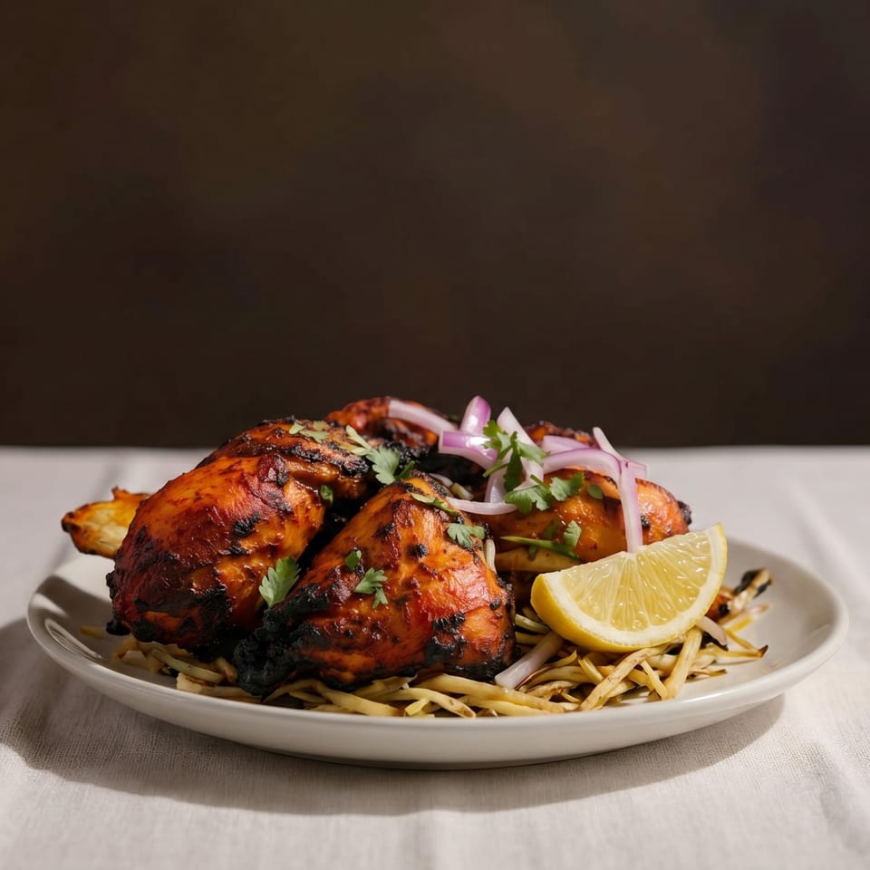 Tandoori chicken with cilantro, red onions, and a lemon wedge on a bed of ginger.