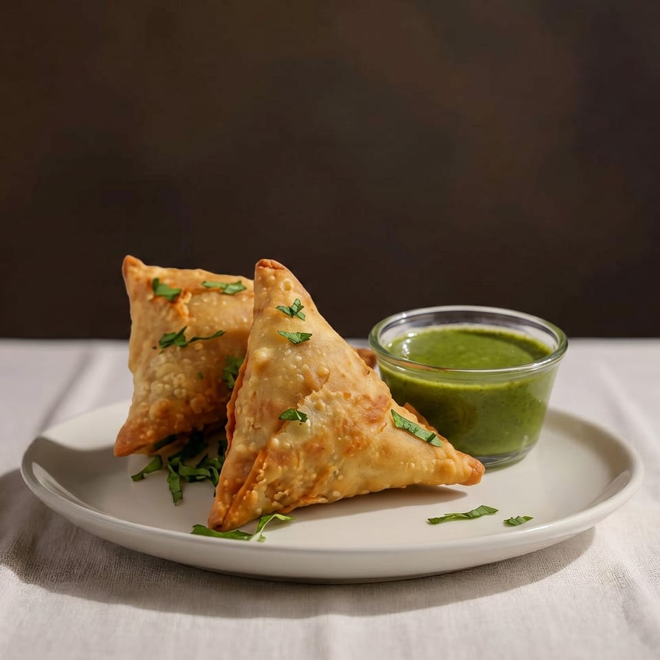 Two golden-brown samosas garnished with herbs, served with a side of green chutney on a white plate.