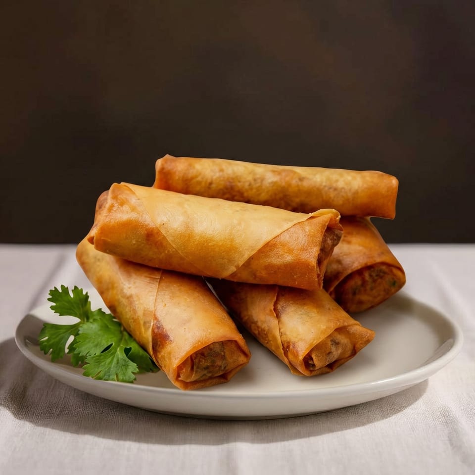 A stack of golden-brown spring rolls with a sprig of cilantro on a white plate.