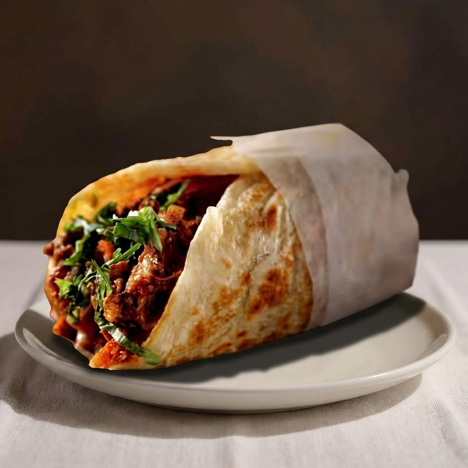 A large, savory burrito filled with meat and greens, partially wrapped in paper, rests on a white plate.
